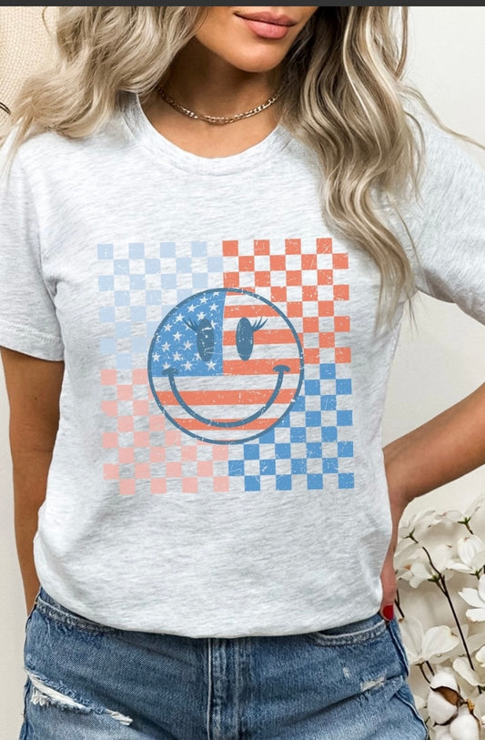 Checkered Board American Smiley Face Tee